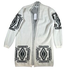 Venario Jaime Cardigan Sweater White Black Geometric Aztec Fuzzy Knit Size L NWT